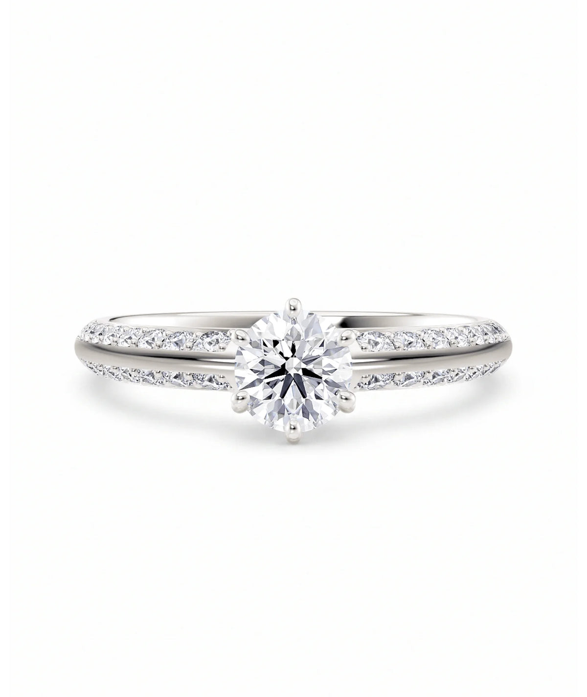 Diamantring knife edge pavé hvitt gull med 0,90 ct med lab-diamant, vist liggende forfra, designet av Hartwell.