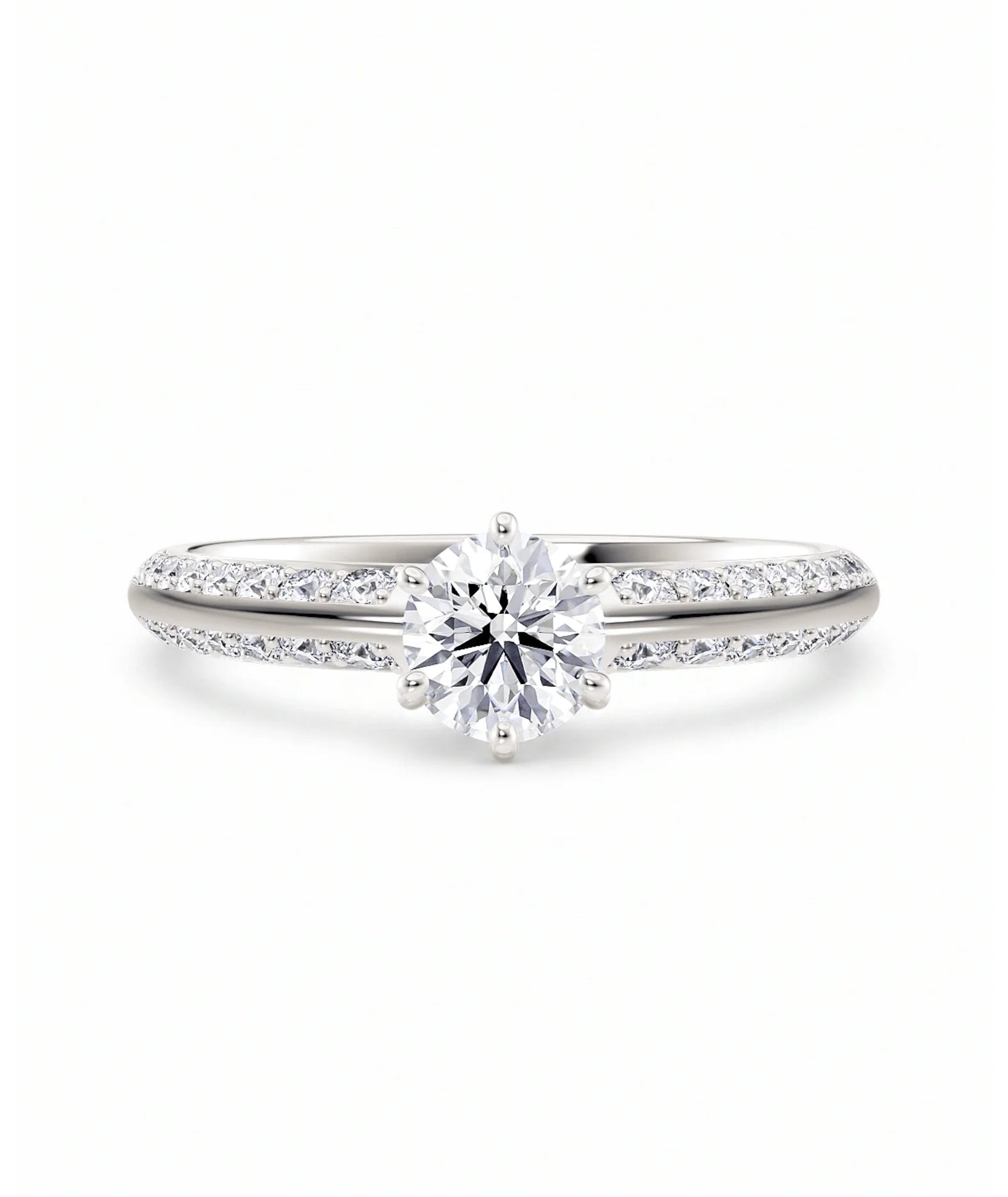 Diamantring knife edge pavé hvitt gull med 0,90 ct med lab-diamant, vist liggende forfra, designet av Hartwell.