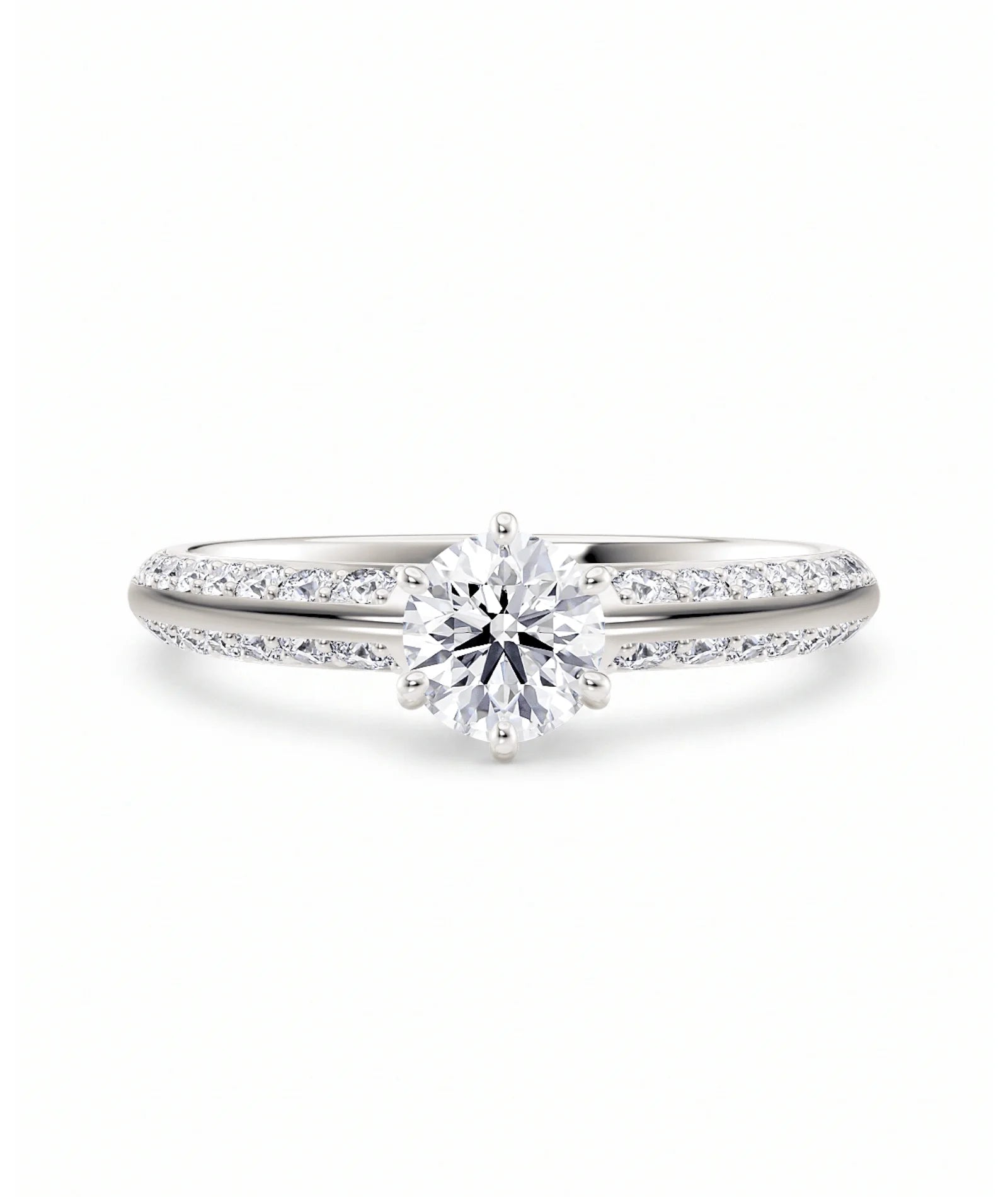 Diamantring knife edge pavé hvitt gull med 0,90 ct med lab-diamant, vist liggende forfra, designet av Hartwell.