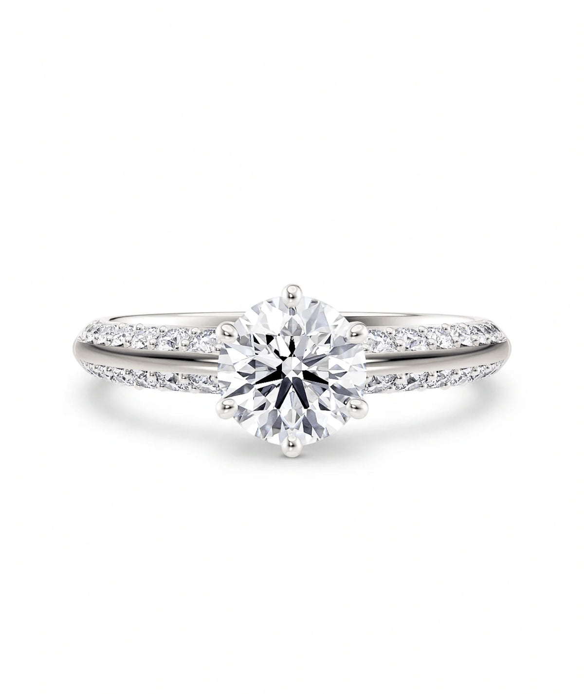 Diamantring knife edge pavé hvitt gull med 1,40 ct med lab-diamant, vist liggende forfra, designet av Hartwell.
