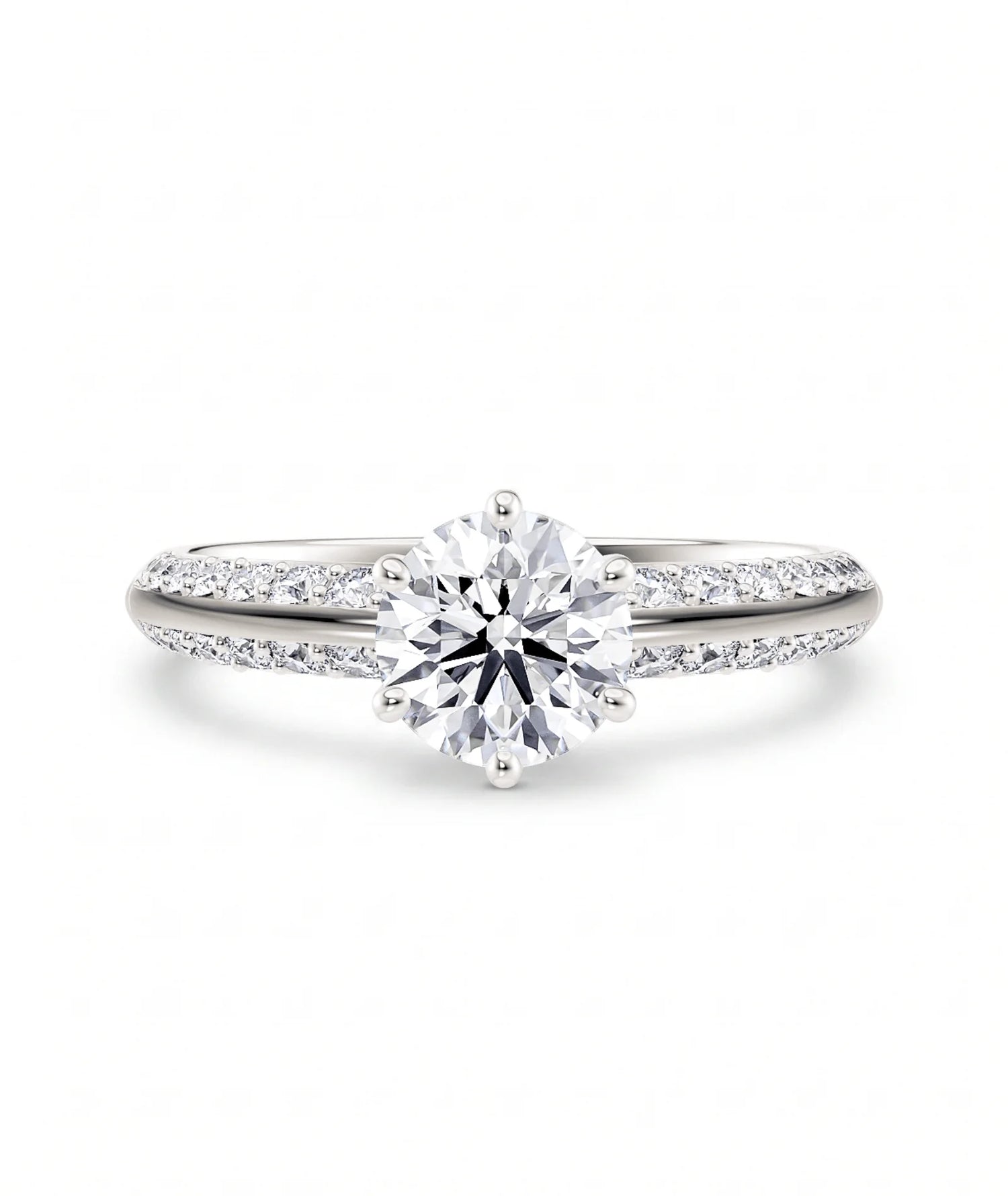 Diamantring knife edge pavé hvitt gull med 1,40 ct med lab-diamant, vist liggende forfra, designet av Hartwell.
