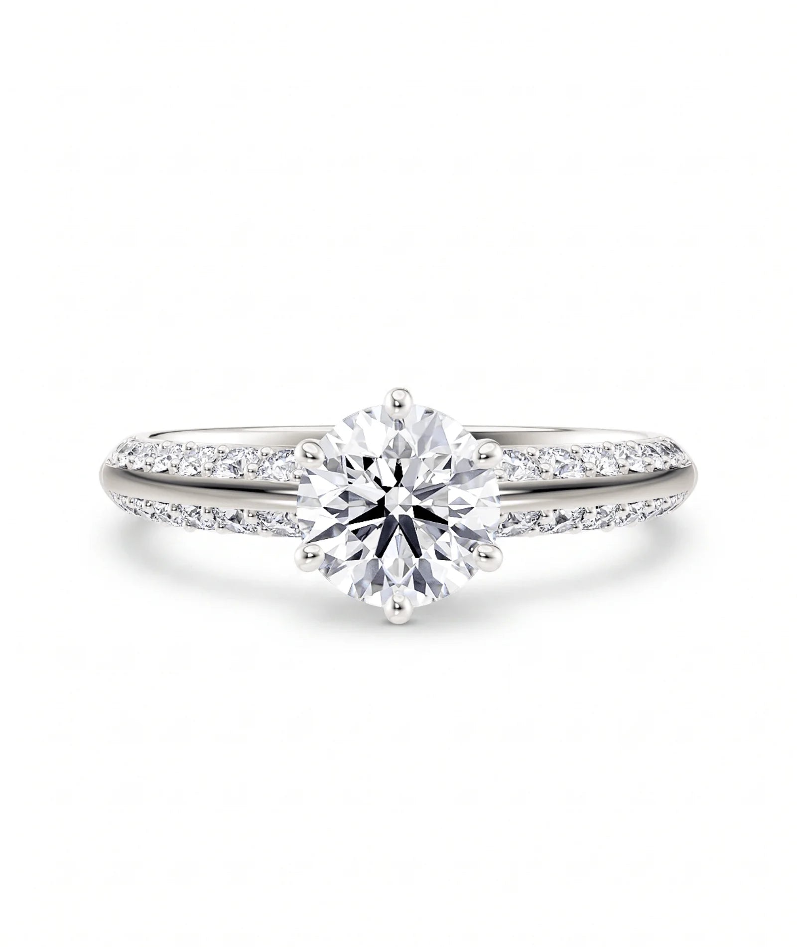 Diamantring knife edge pavé hvitt gull med 1,40 ct med lab-diamant, vist liggende forfra, designet av Hartwell.
