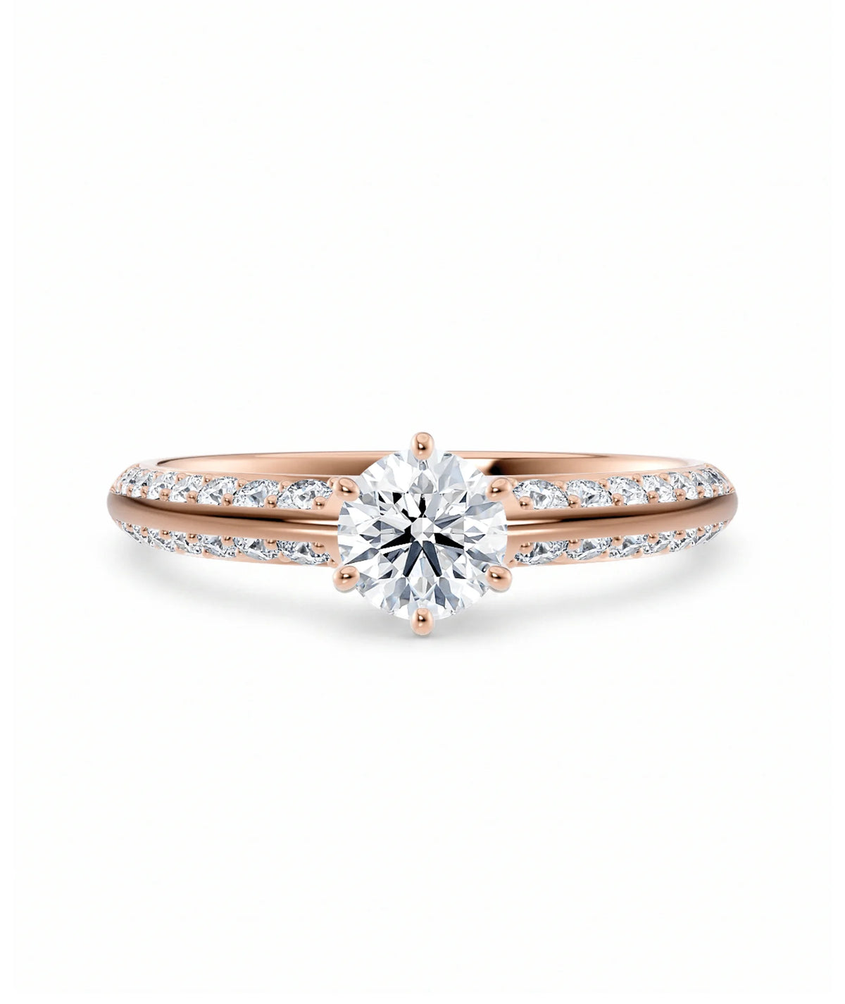 Diamantring tapered pavé roségull med 0,90 ct med lab-diamant, vist liggende forfra, designet av Hartwell.