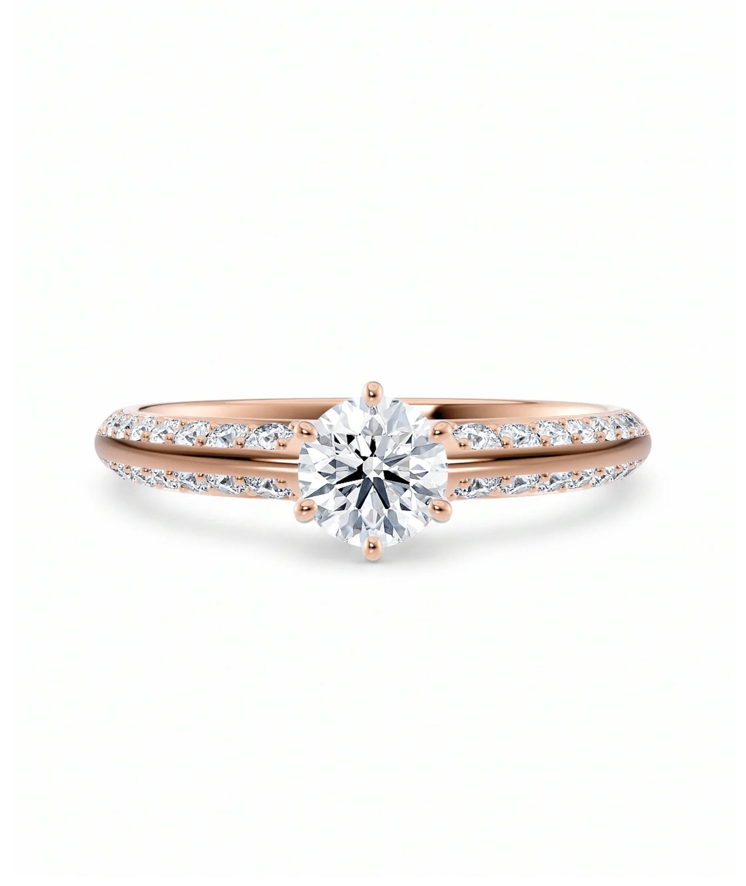 Diamantring tapered pavé roségull med 0,90 ct med lab-diamant, vist liggende forfra, designet av Hartwell.