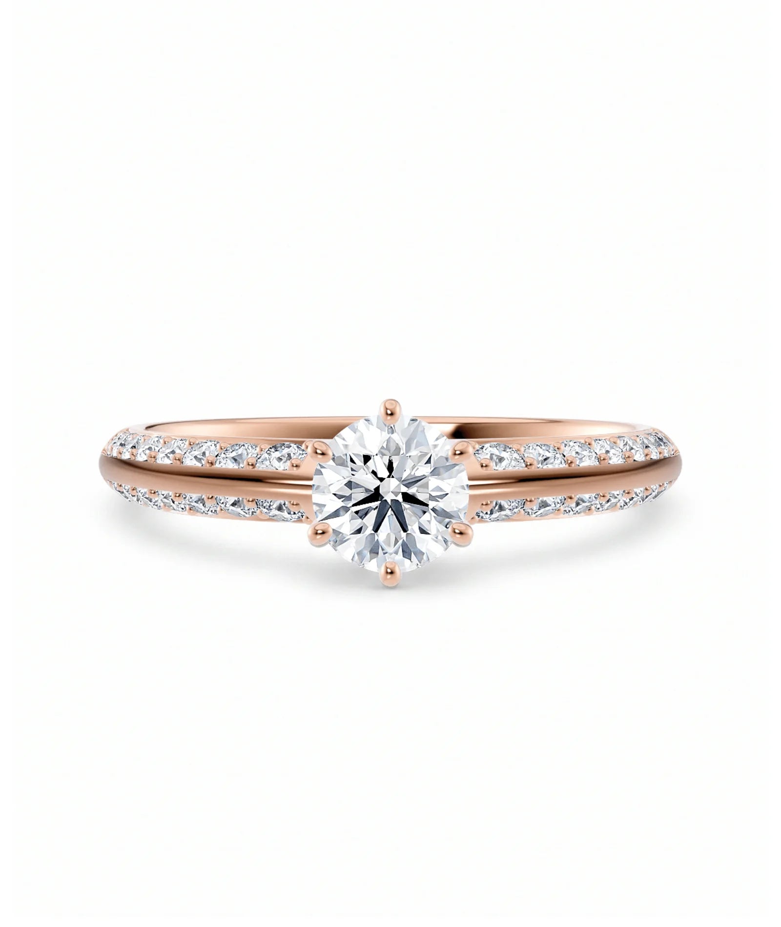 Diamantring tapered pavé roségull med 0,90 ct med lab-diamant, vist liggende forfra, designet av Hartwell.