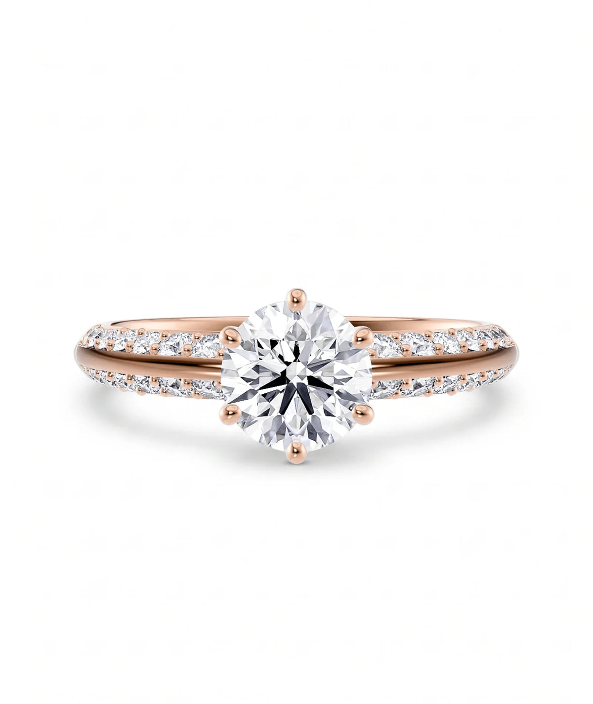 Diamantring knife edge pavé roségull med 1,40 ct med lab-diamant, vist liggende forfra, designet av Hartwell.