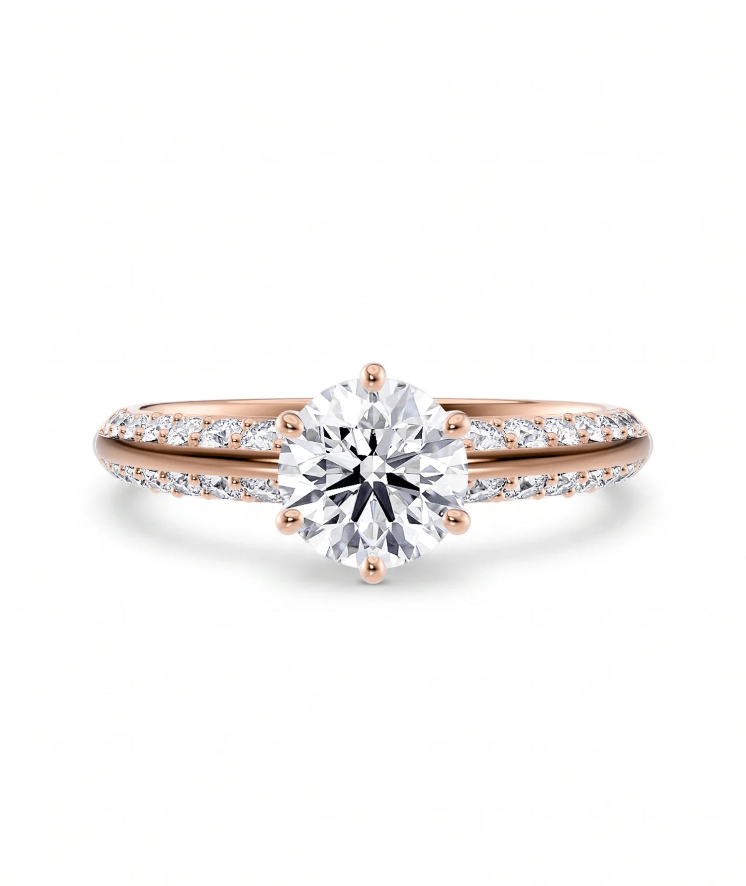 Diamantring knife edge pavé roségull med 1,40 ct med lab-diamant, vist liggende forfra, designet av Hartwell.