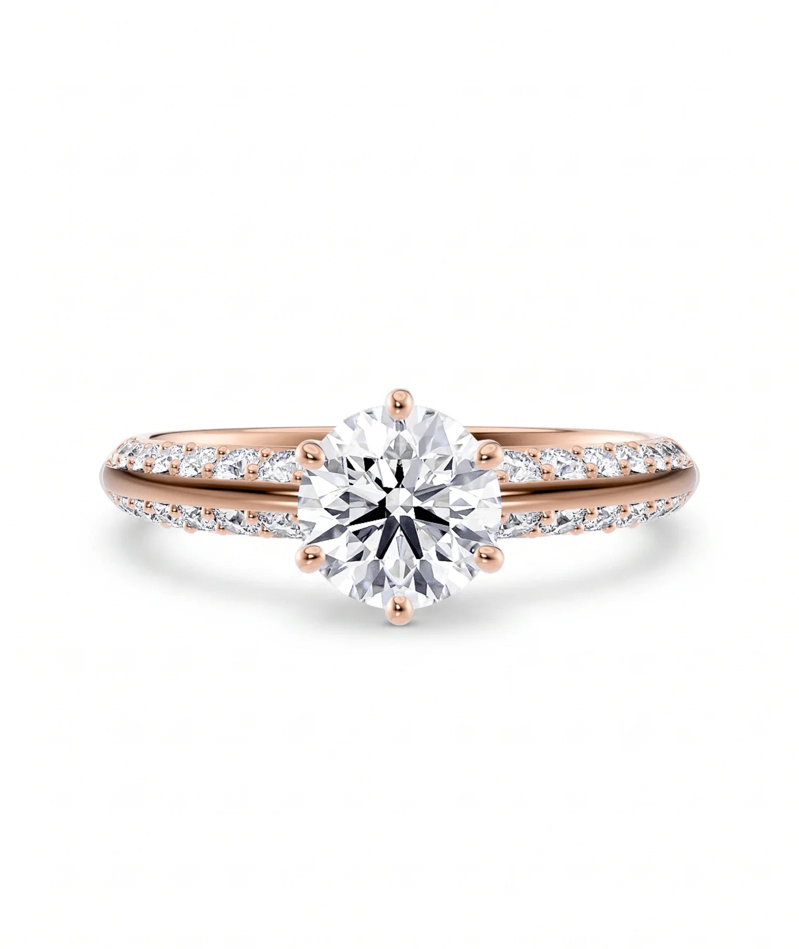 Diamantring knife edge pavé roségull med 1,40 ct med lab-diamant, vist liggende forfra, designet av Hartwell.