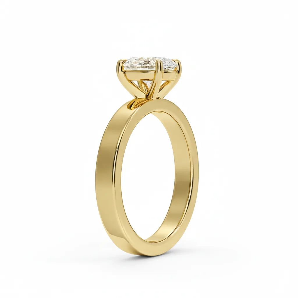 Sideprofil av oval diamantring 1,00 ct cigar band 3 mm i gult gull