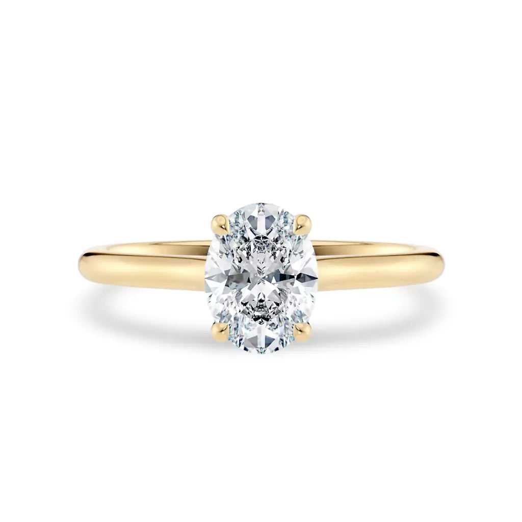 Diamantring oval gult gull 1 ct lab diamant, vist liggende forfra, designet av Hartwell.