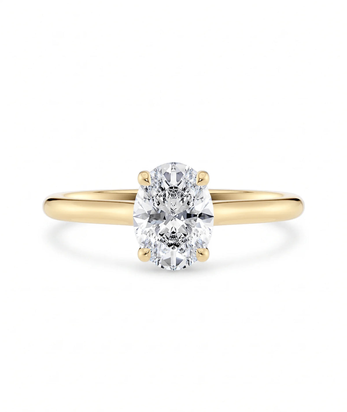 Diamantring oval gult gull 1 ct lab diamant, vist liggende forfra, designet av Hartwell.