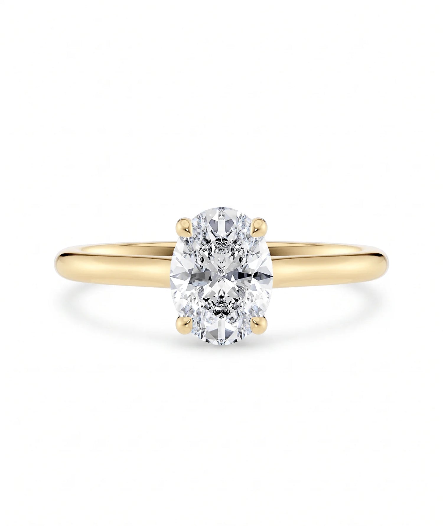 Diamantring oval gult gull 1 ct lab diamant, vist liggende forfra, designet av Hartwell.