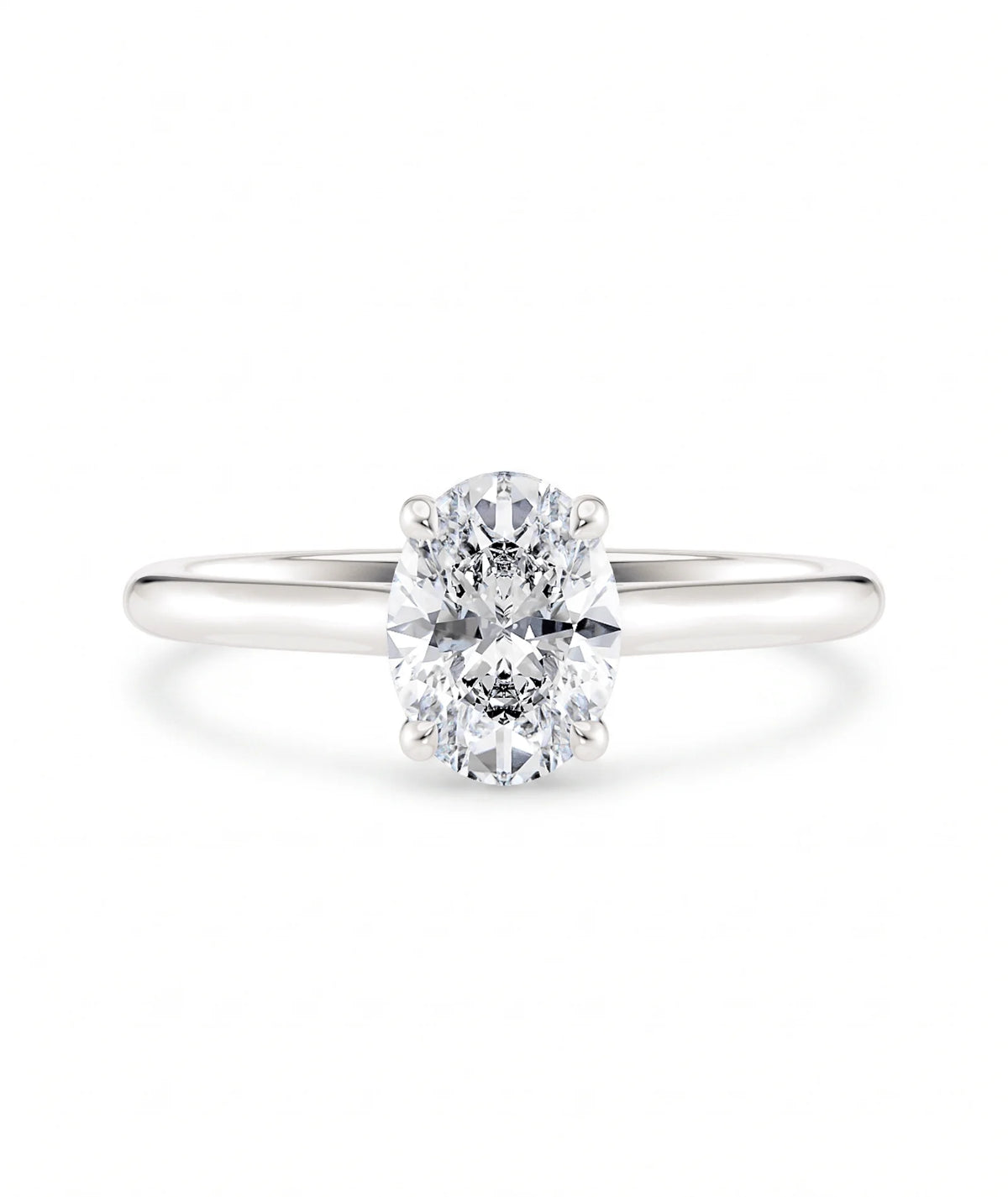 Diamantring oval hvitt gull 1 ct lab diamant, vist liggende forfra, designet av Hartwell.