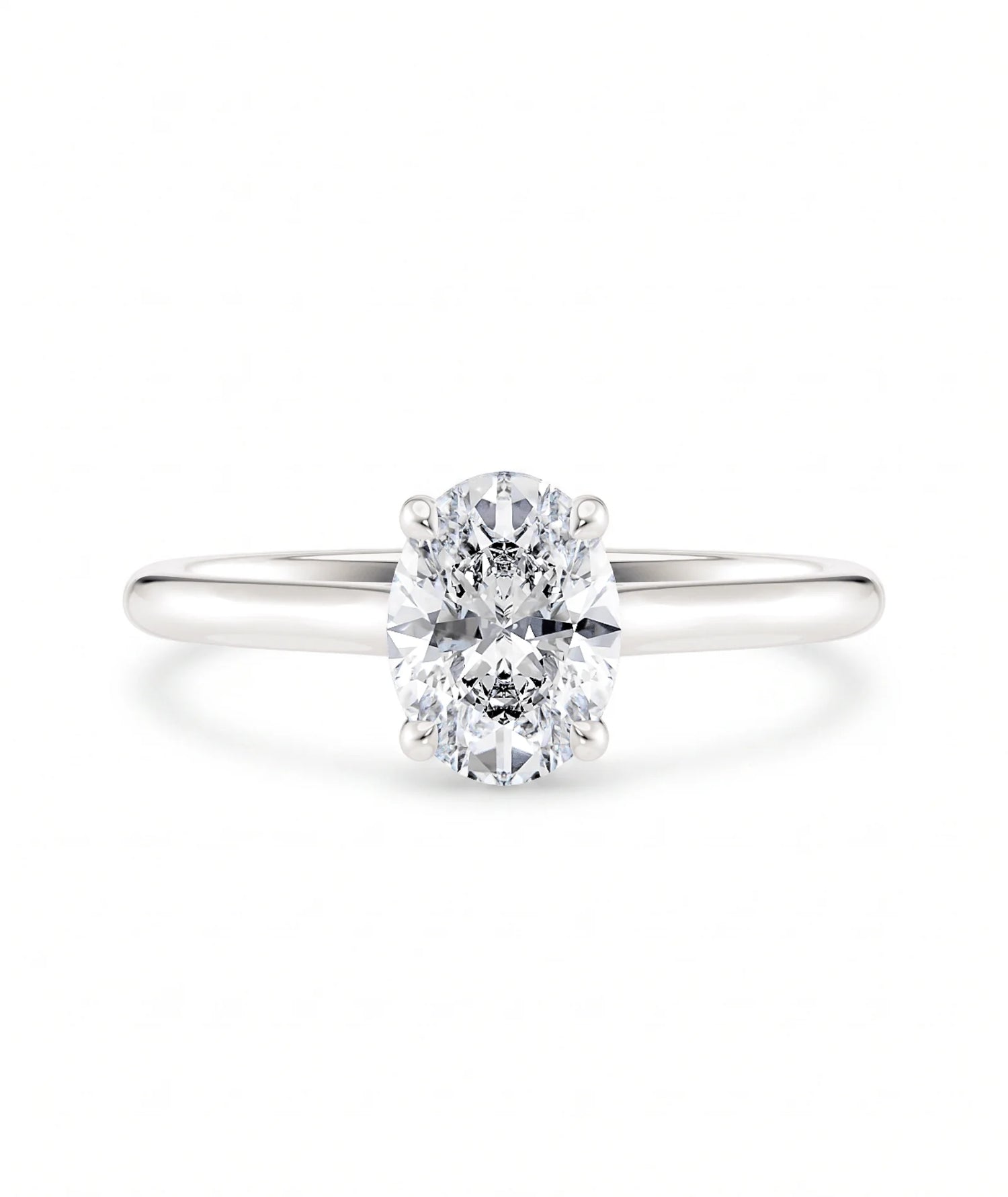 Diamantring oval hvitt gull 1 ct lab diamant, vist liggende forfra, designet av Hartwell.