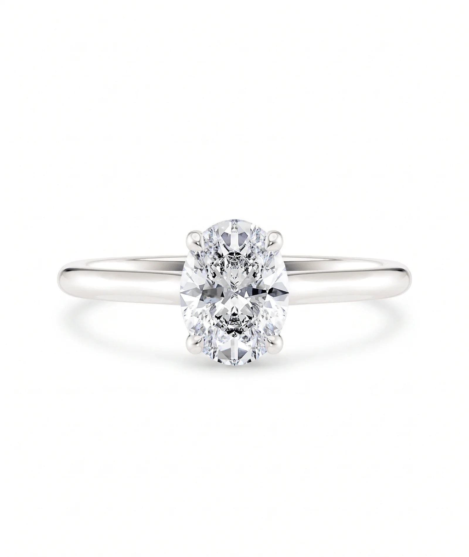 Diamantring oval hvitt gull 1 ct lab diamant, vist liggende forfra, designet av Hartwell.