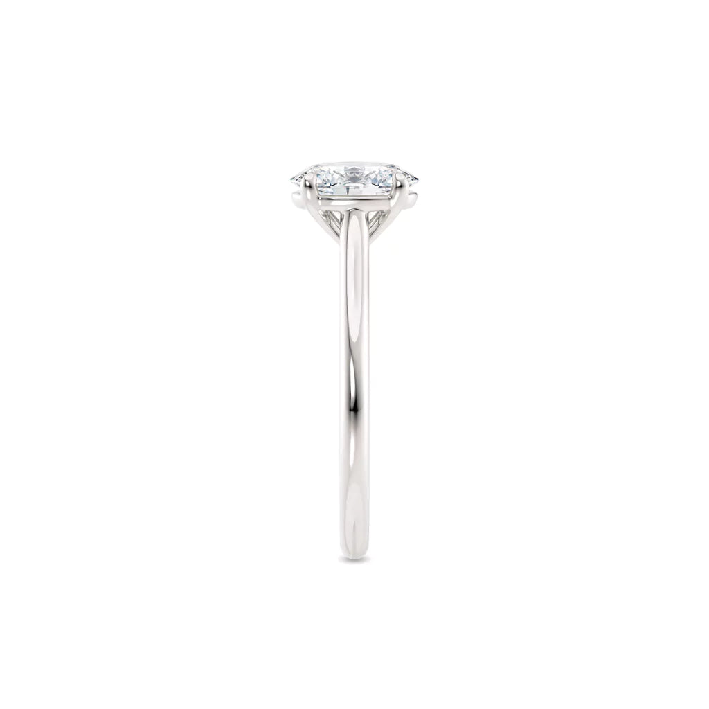 Diamantring oval hvitt gull 1 ct lab diamant, fokus på ringskinnen sett rett forfra, designet av Hartwell.