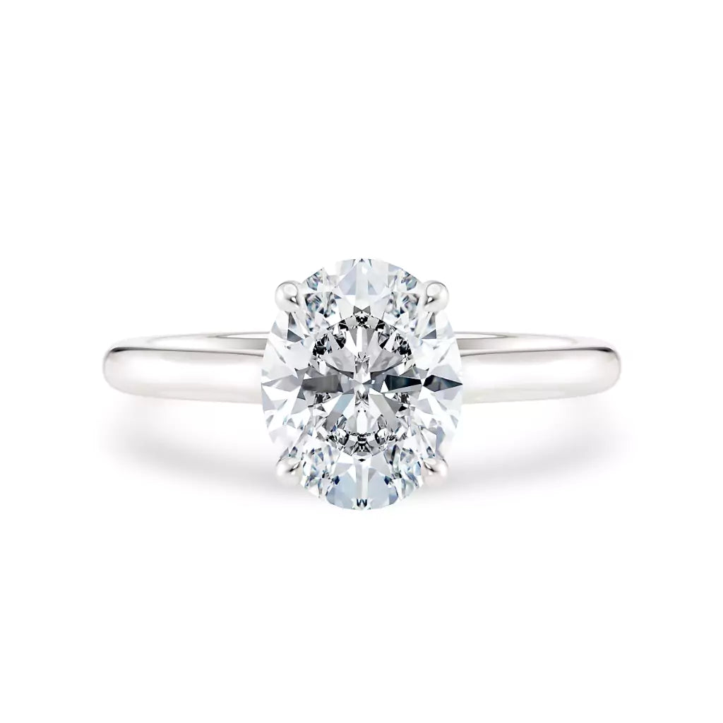Diamantring oval hvitt gull 2 ct lab diamant, vist liggende forfra, designet av Hartwell.