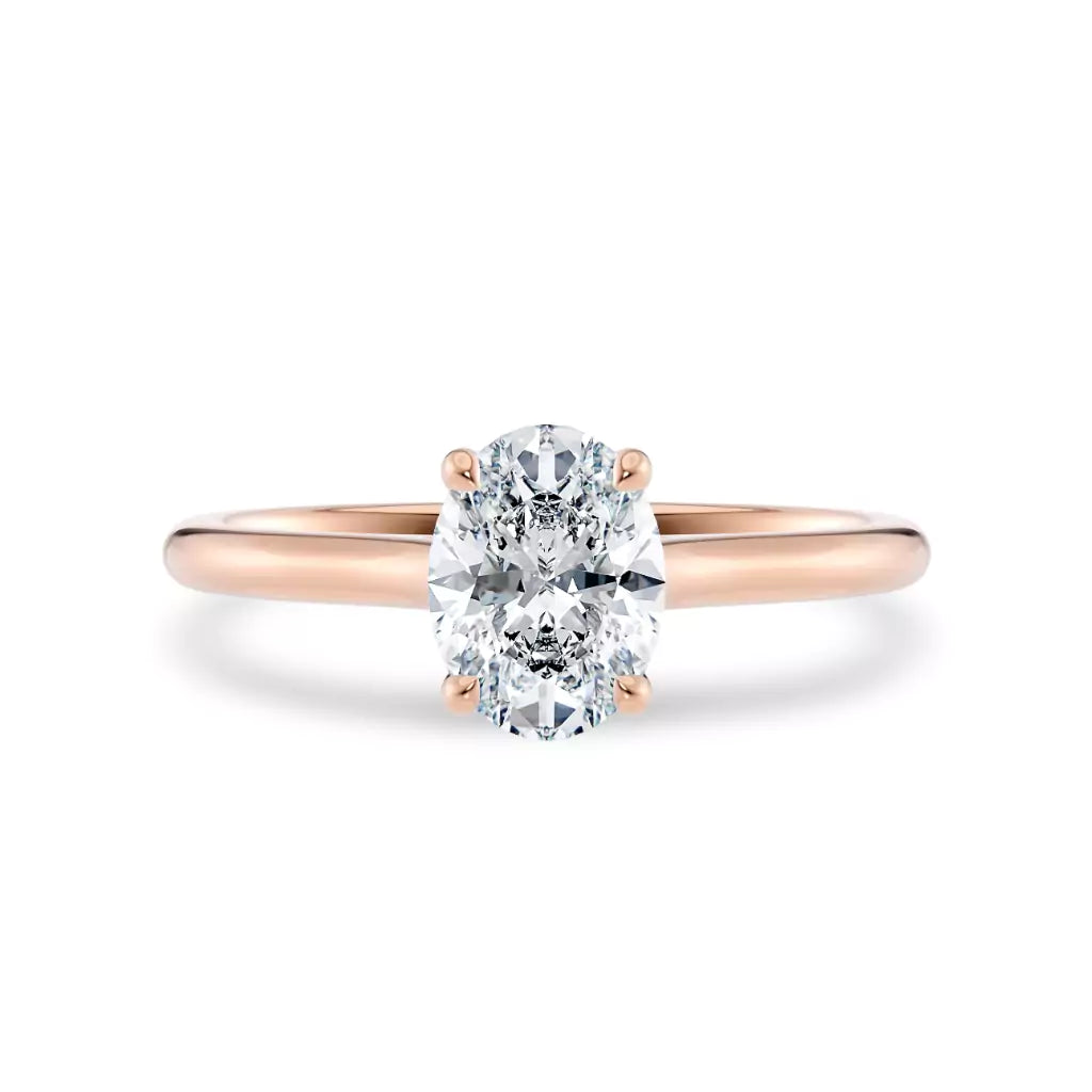 Diamantring oval roségull 1 ct lab diamant, vist liggende forfra, designet av Hartwell.