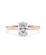 Diamantring oval roségull 1 ct lab diamant, vist liggende forfra, designet av Hartwell.