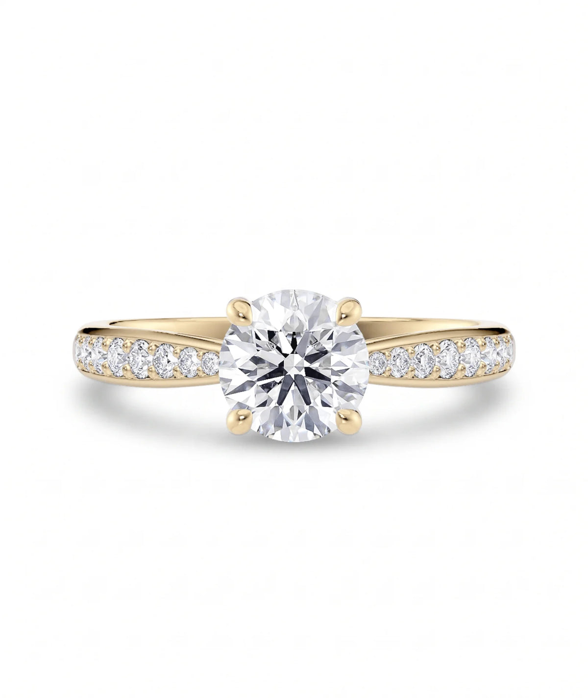 Diamantring tapered pavé gult gull med 1,27 ct med lab-diamant, vist liggende forfra, designet av Hartwell.
