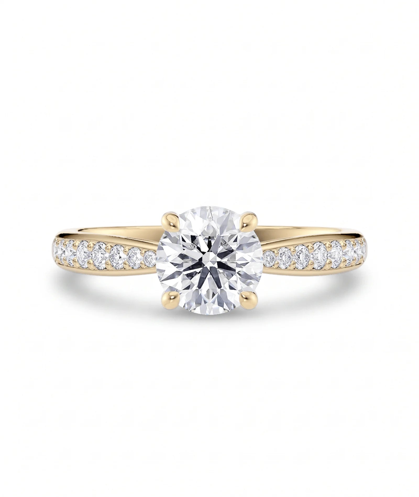 Diamantring tapered pavé gult gull med 1,27 ct med lab-diamant, vist liggende forfra, designet av Hartwell.
