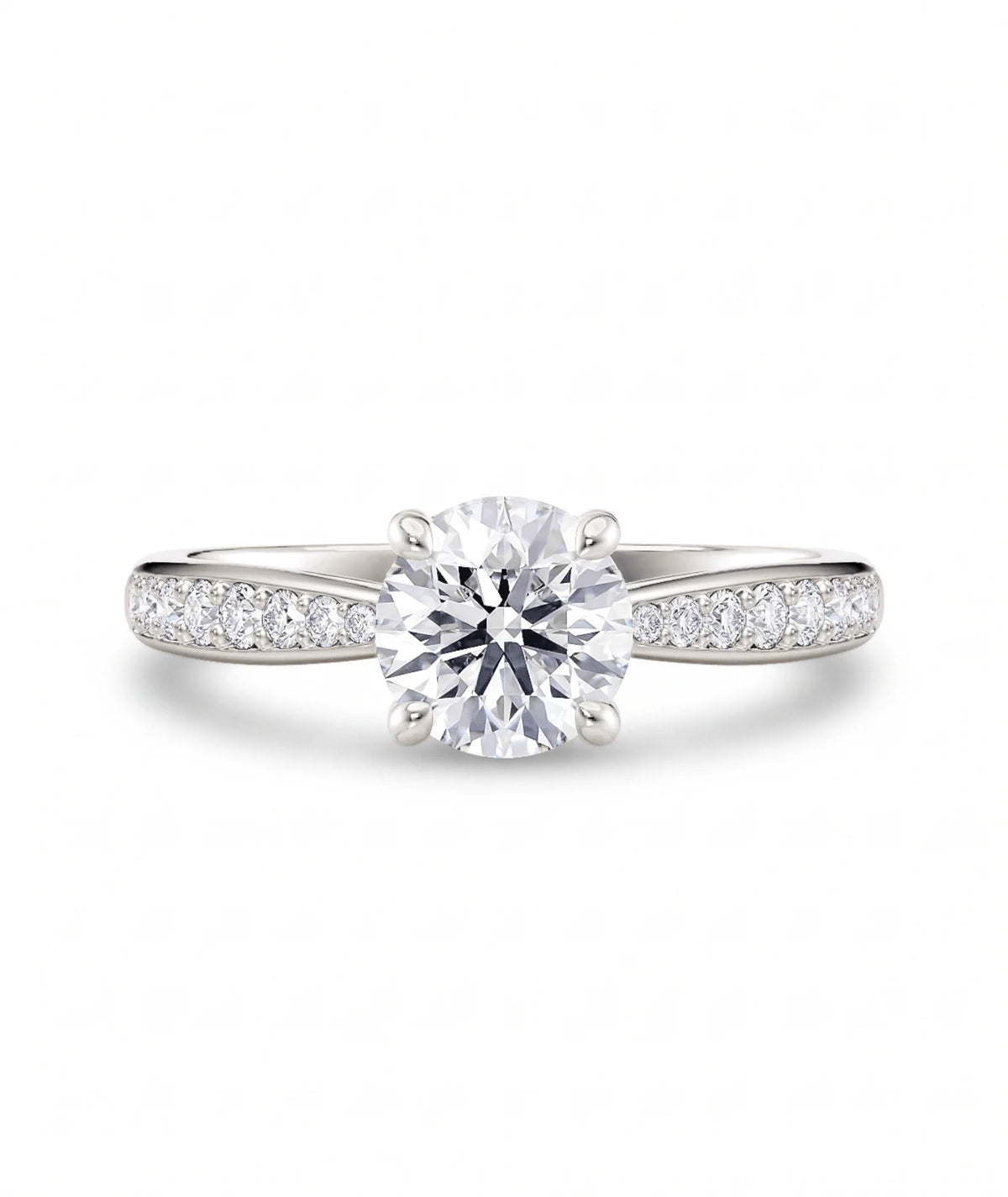 Diamantring tapered pavé hvitt gull med 1,27 ct med lab-diamant, vist liggende forfra, designet av Hartwell.