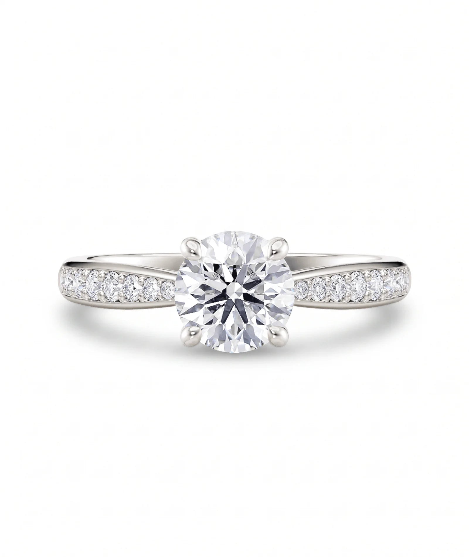 Diamantring tapered pavé hvitt gull med 1,27 ct med lab-diamant, vist liggende forfra, designet av Hartwell.