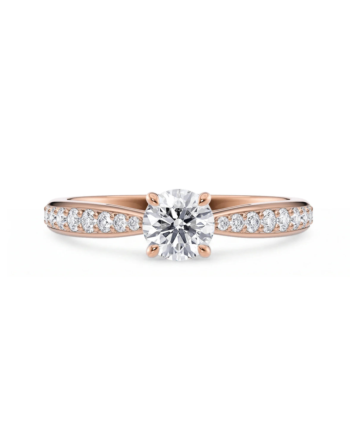 Diamantring tapered pavé roségull med 0,75 ct med lab-diamant, vist liggende forfra, designet av Hartwell.
