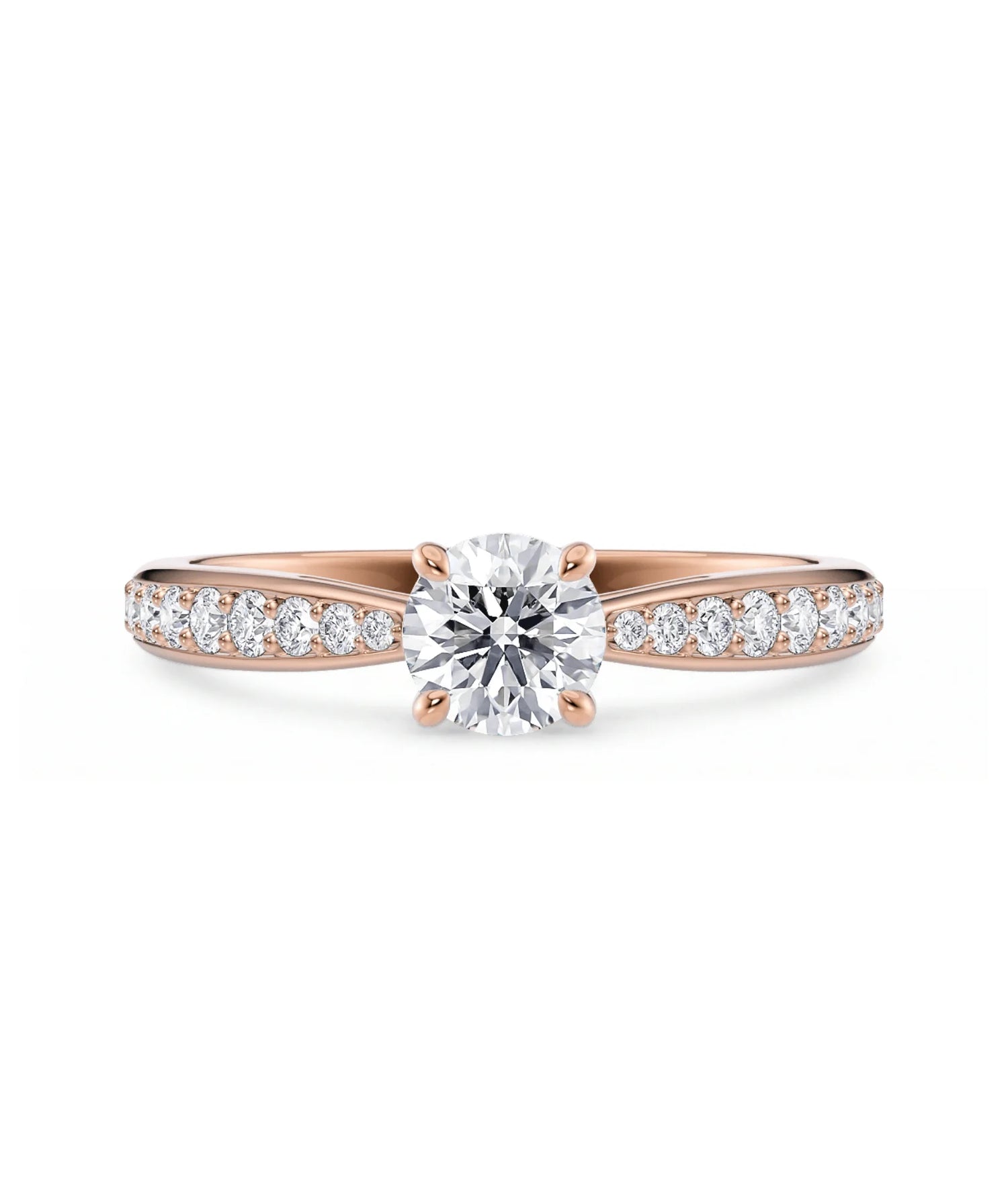 Diamantring tapered pavé roségull med 0,75 ct med lab-diamant, vist liggende forfra, designet av Hartwell.

