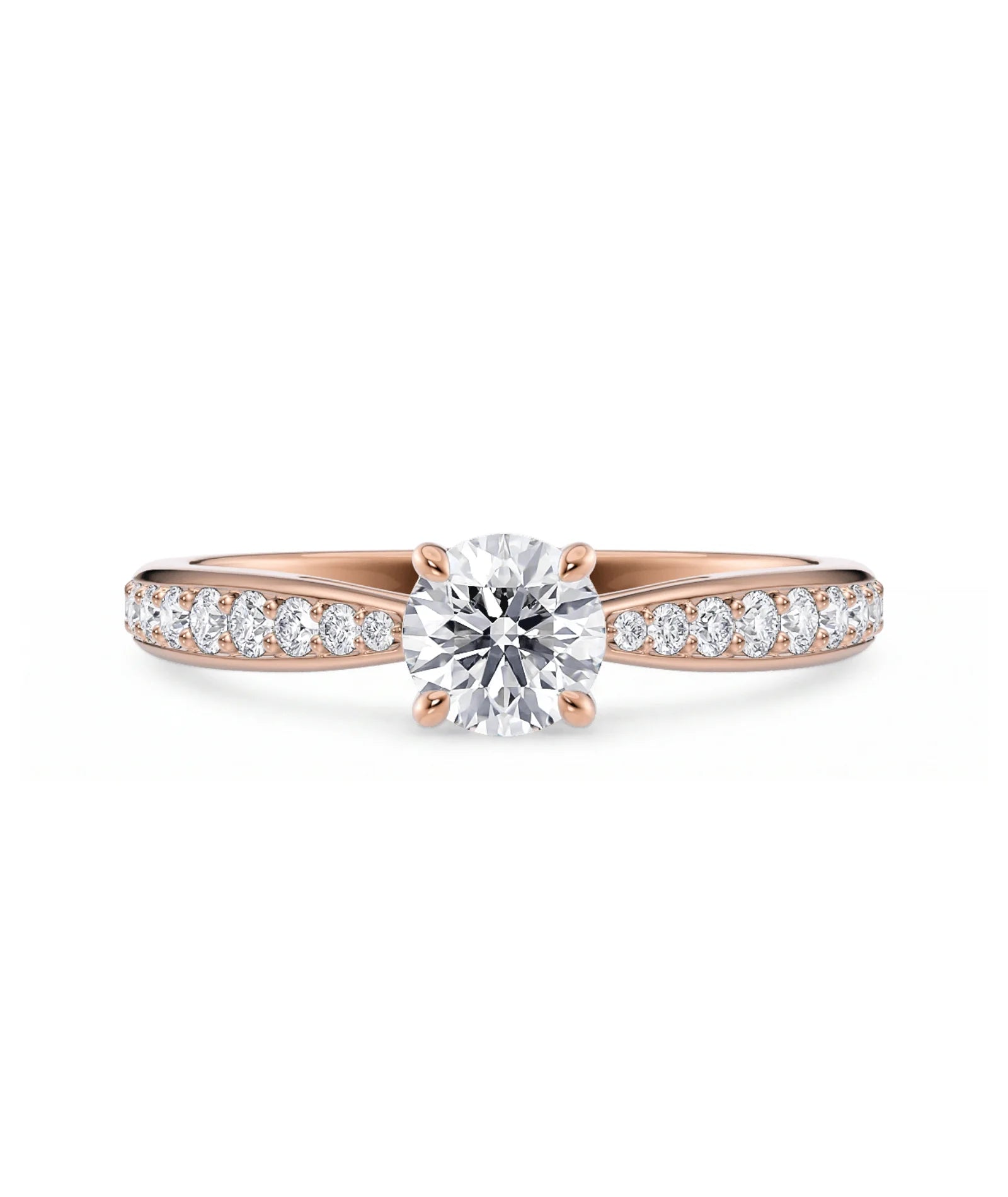 Diamantring tapered pavé roségull med 0,75 ct med lab-diamant, vist liggende forfra, designet av Hartwell.
