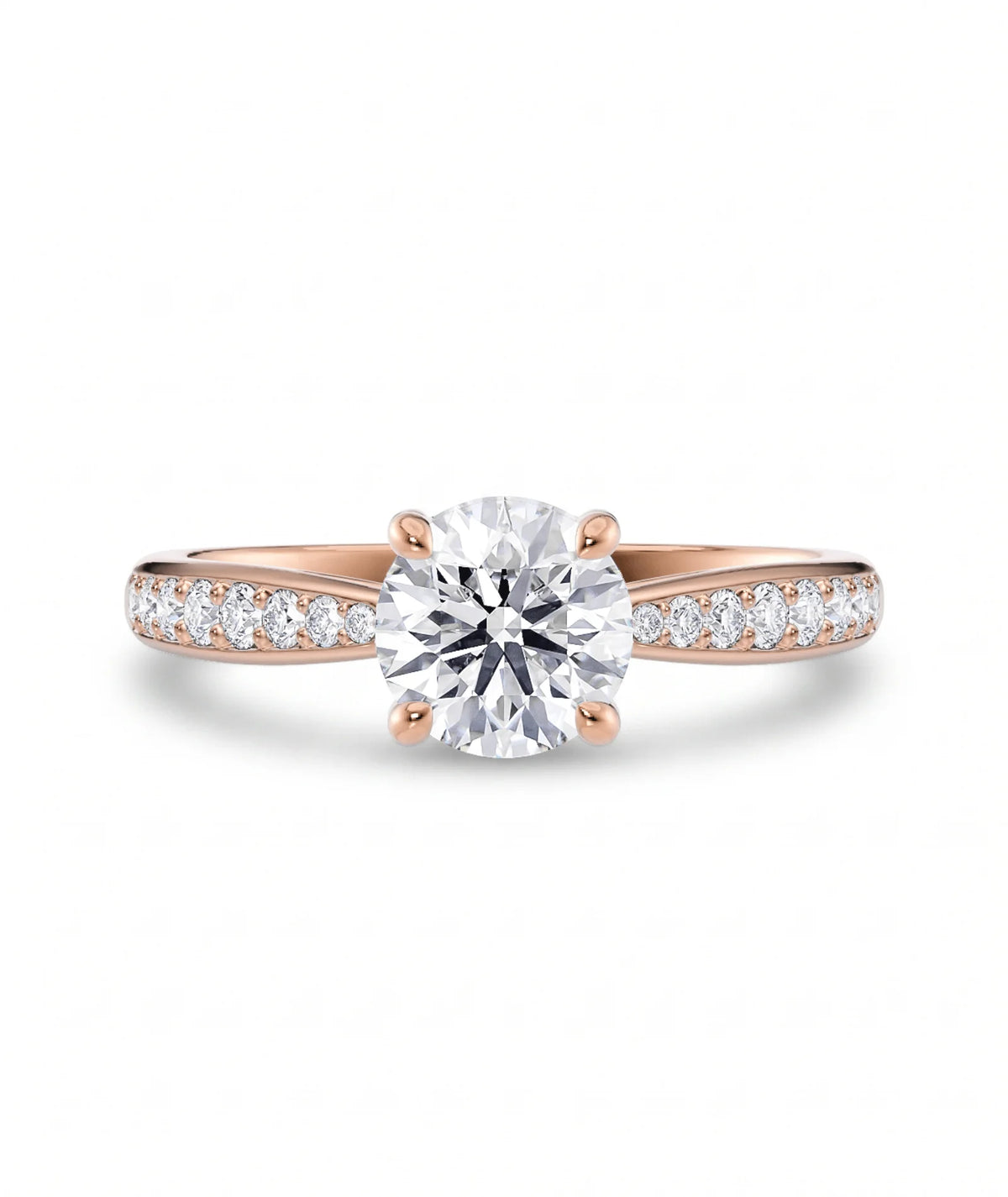 Diamantring tapered pavé roségull med 1,27 ct med lab-diamant, vist liggende forfra, designet av Hartwell.