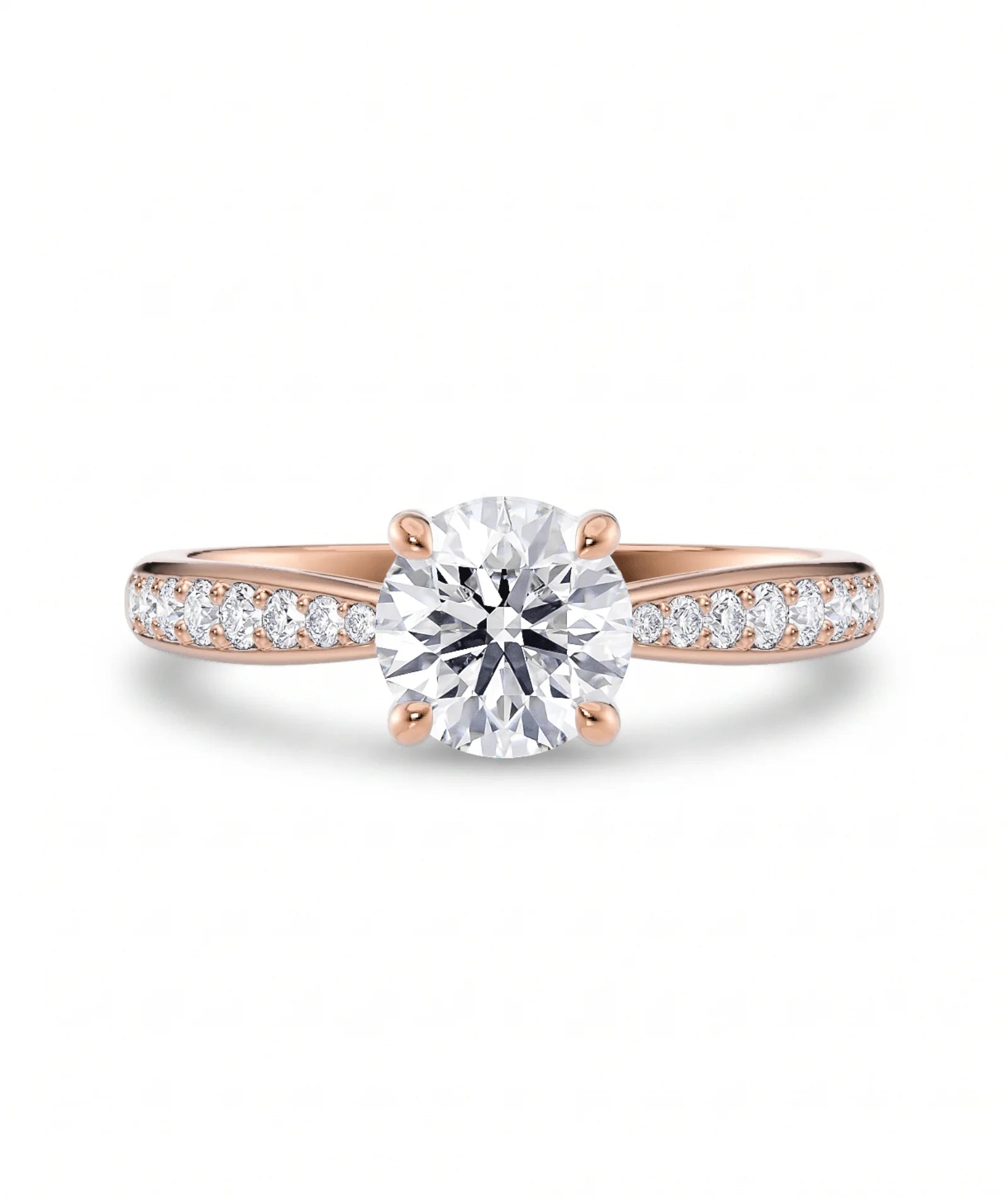 Diamantring tapered pavé roségull med 1,27 ct med lab-diamant, vist liggende forfra, designet av Hartwell.