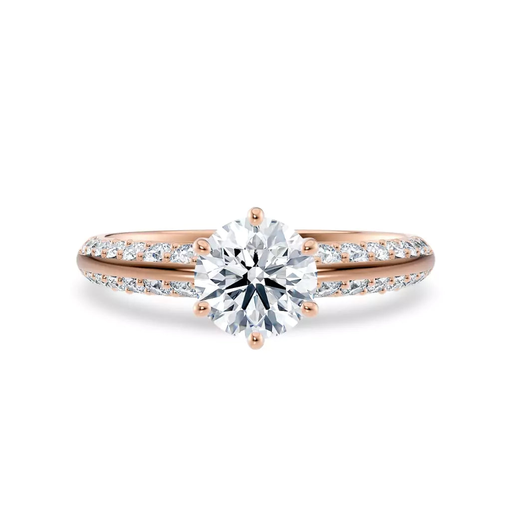 Diamantring tapered pavé roségull med 1,40 ct med lab-diamant, vist liggende forfra, designet av Hartwell.
