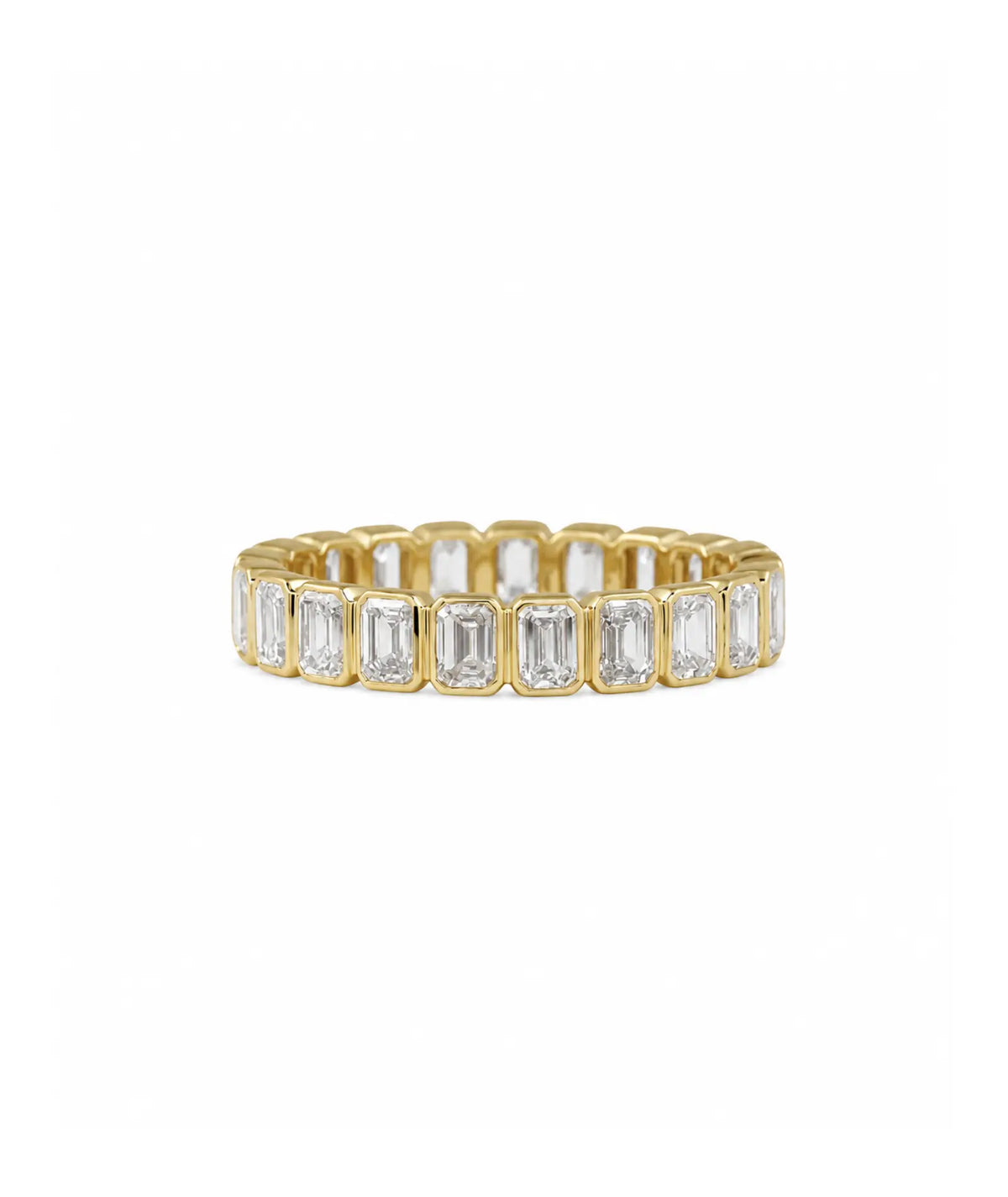Emerald Cut Bezel Eternity Ring i 14K gult gull med 1,70 ct laboratoriedyrkede diamanter, bezelinnfatning.