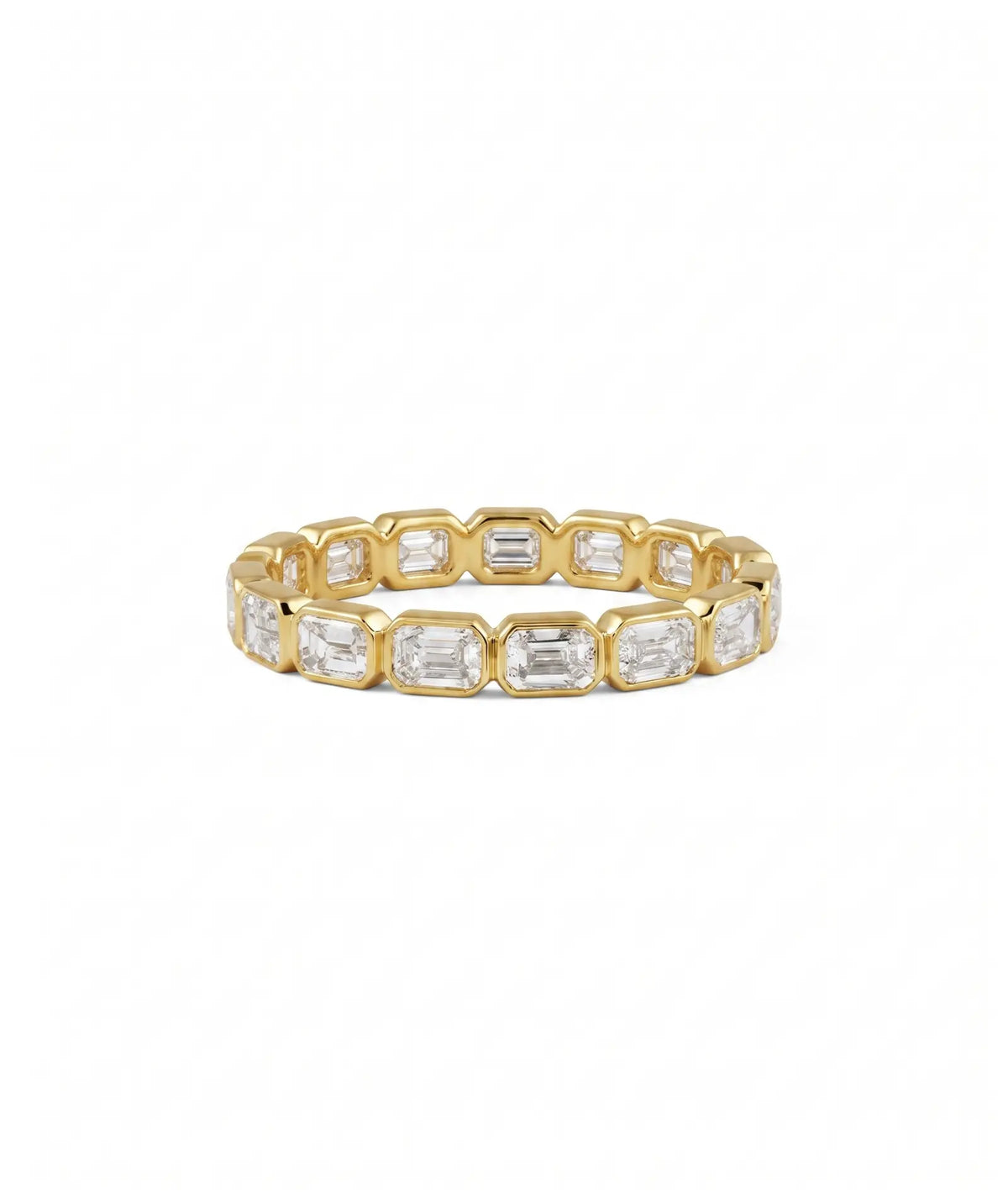 Emerald cut east-west eternity-ring i bezelinnfatning, 14K gult gull, 1,40 ct laboratoriedyrkede diamanter.