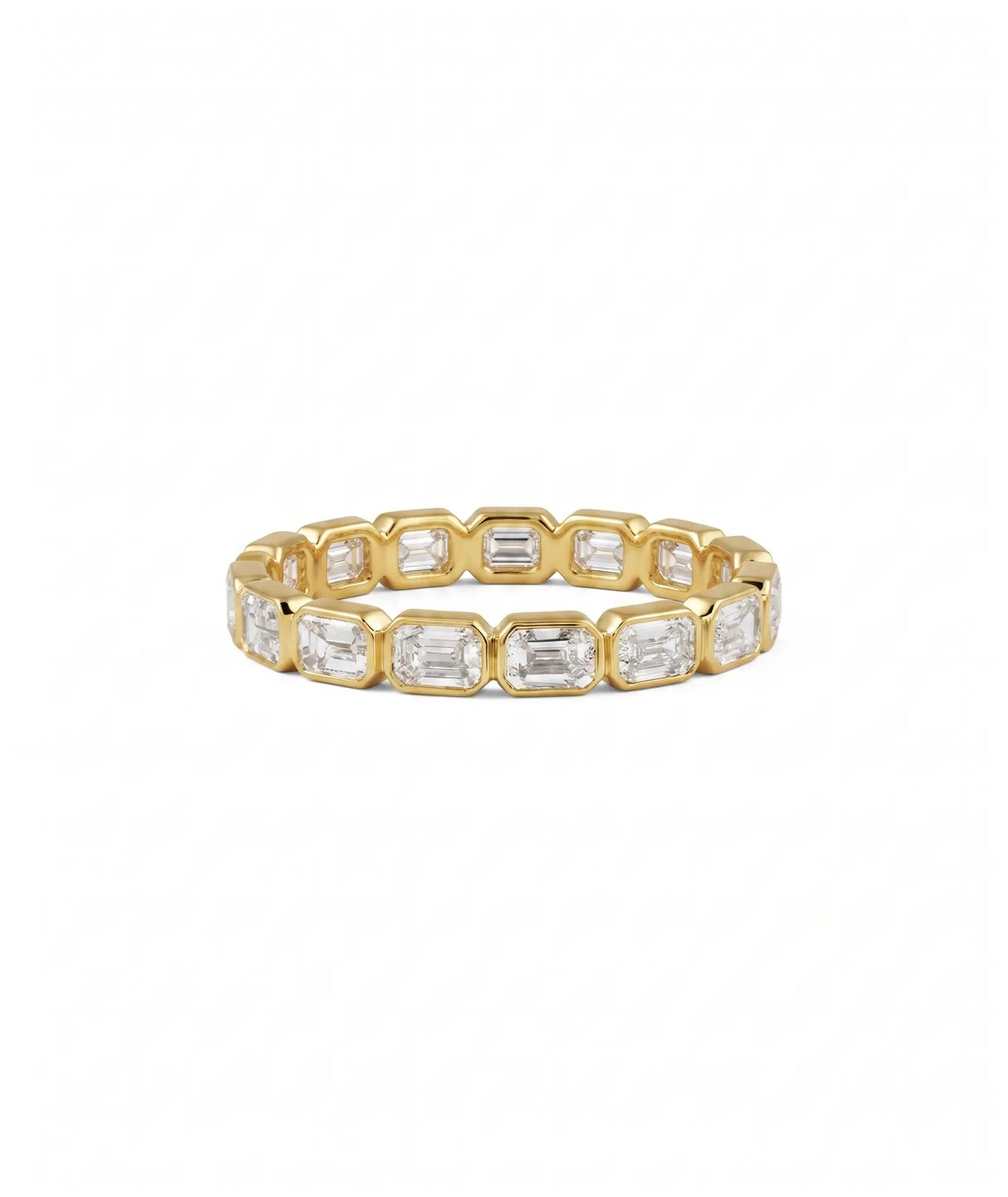 Emerald cut east-west eternity-ring i bezelinnfatning, 14K gult gull, 1,40 ct laboratoriedyrkede diamanter.