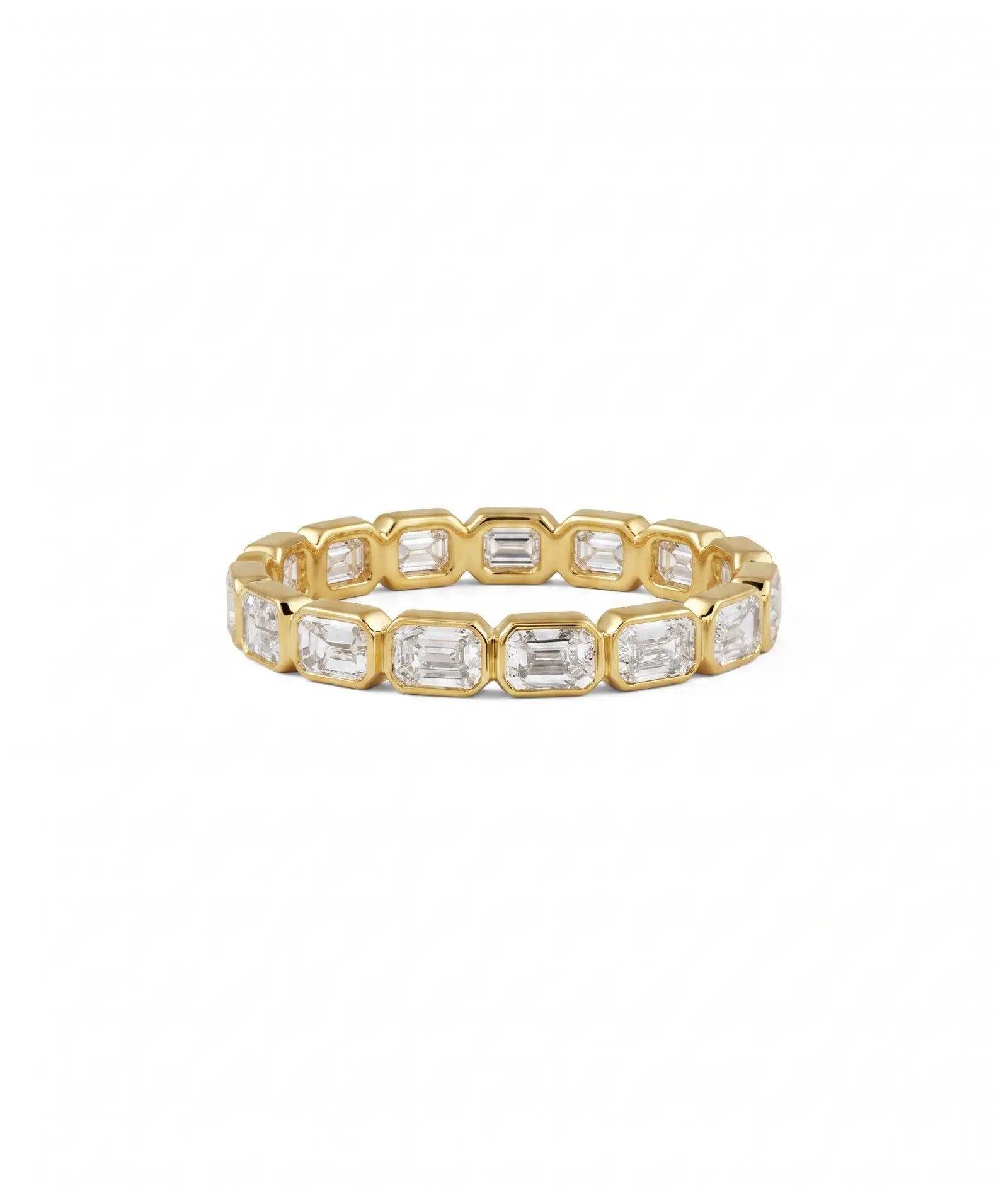 Emerald cut east-west eternity-ring i bezelinnfatning, 14K gult gull, 1,40 ct laboratoriedyrkede diamanter.