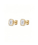Emerald cut øredobber i bezelinnfatning, 1,00 ct, gult gull, sidevinkel.