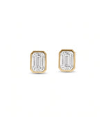 Emerald cut øredobber i bezelinnfatning, 2,00 ct, gult gull, forfra.