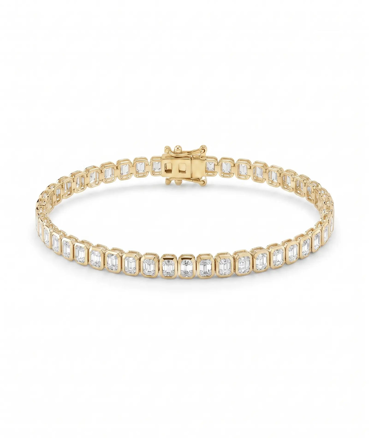  Emerald cut tennisarmbånd i bezelinnfatning, 14K gult gull, laboratoriedyrkede diamanter.