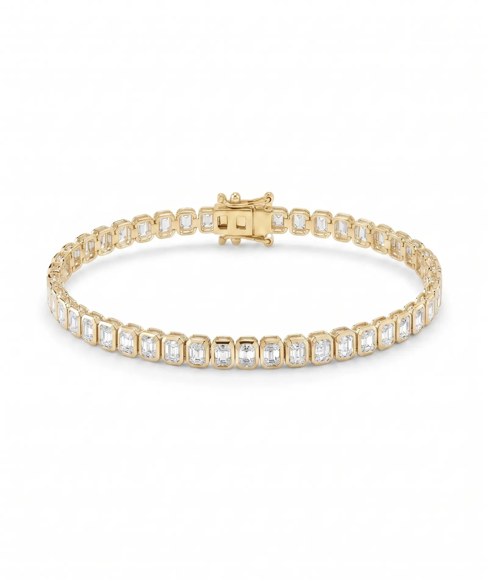  Emerald cut tennisarmbånd i bezelinnfatning, 14K gult gull, laboratoriedyrkede diamanter.