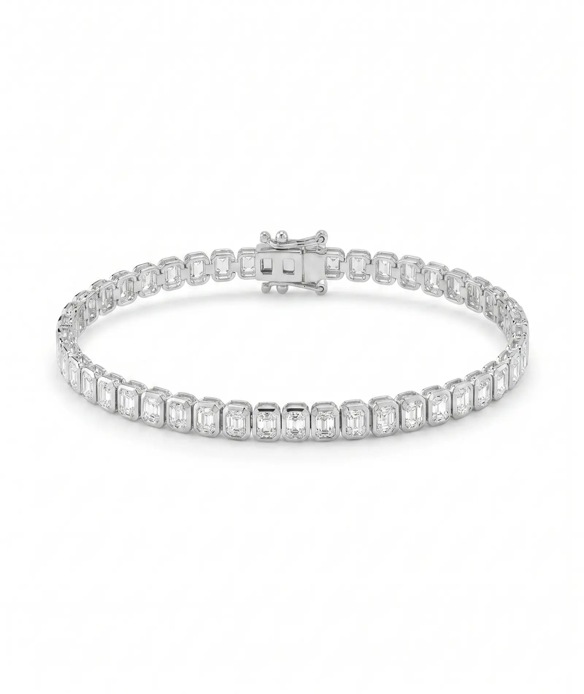  Emerald cut tennisarmbånd i bezelinnfatning, 14K hvitt gull, laboratoriedyrkede diamanter.