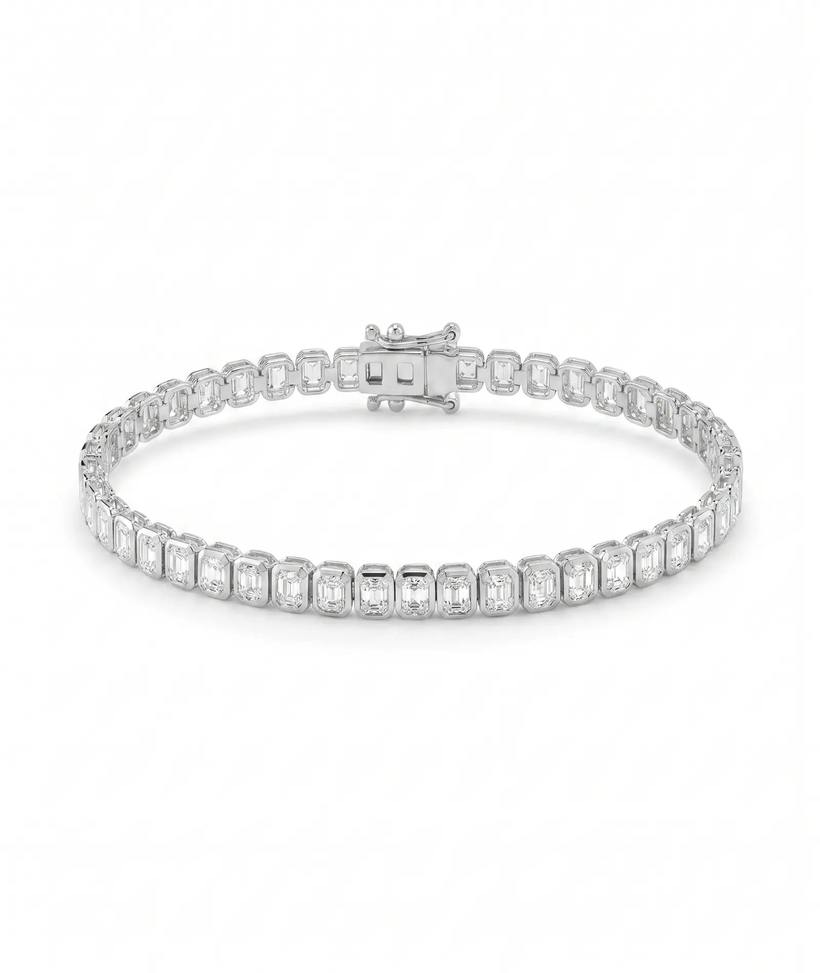  Emerald cut tennisarmbånd i bezelinnfatning, 14K hvitt gull, laboratoriedyrkede diamanter.