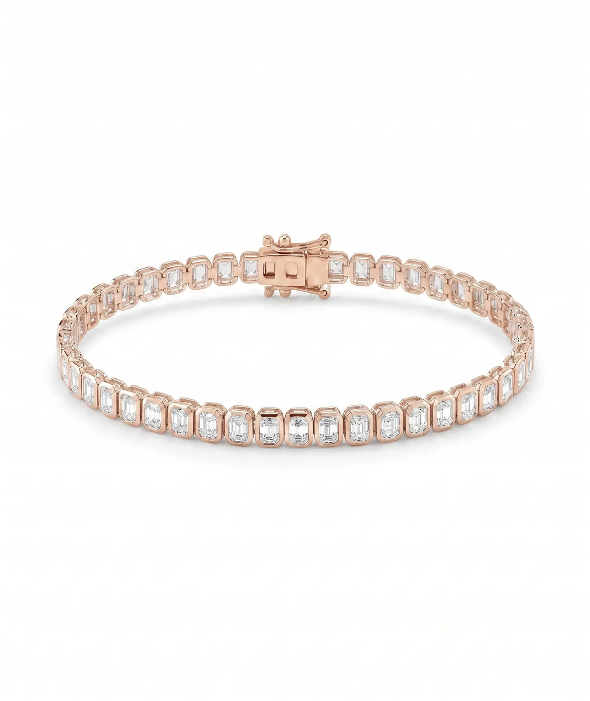 Emerald cut tennisarmbånd i bezelinnfatning, 14K rosegull, laboratoriedyrkede diamanter.