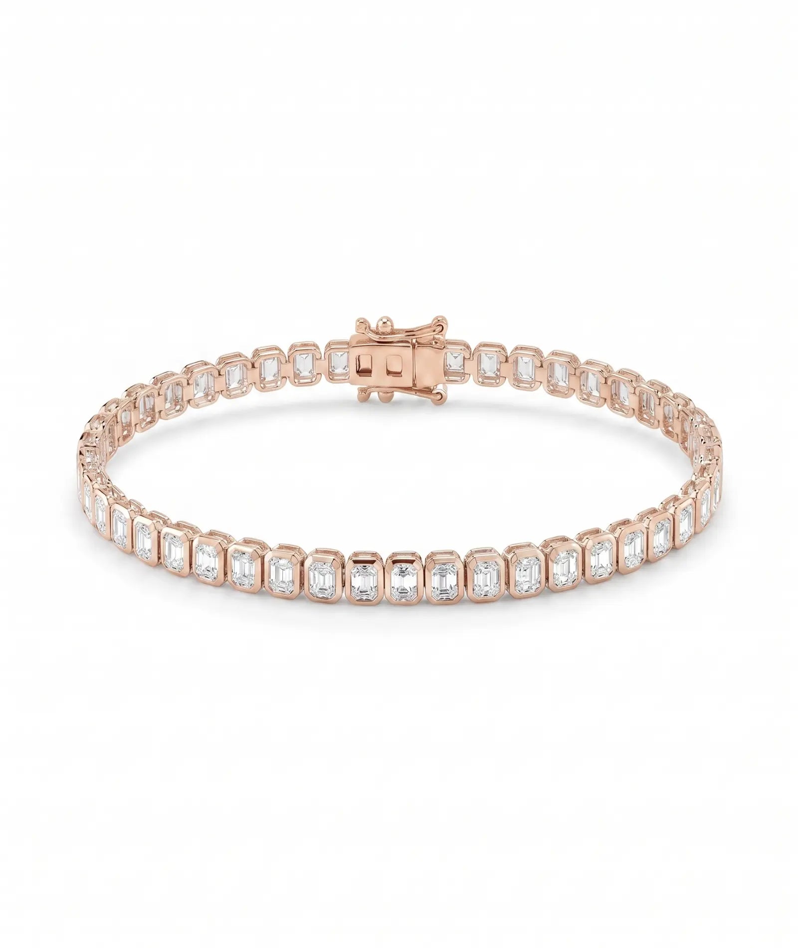Emerald cut tennisarmbånd i bezelinnfatning, 14K rosegull, laboratoriedyrkede diamanter.