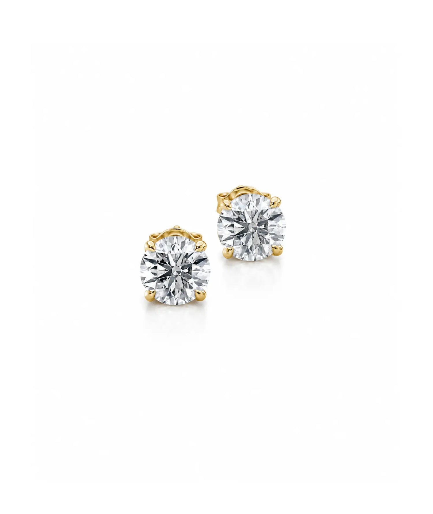 Enstens diamantøredobber i gult gull med fire klør, 1,00 ct – sett liggende forfra 