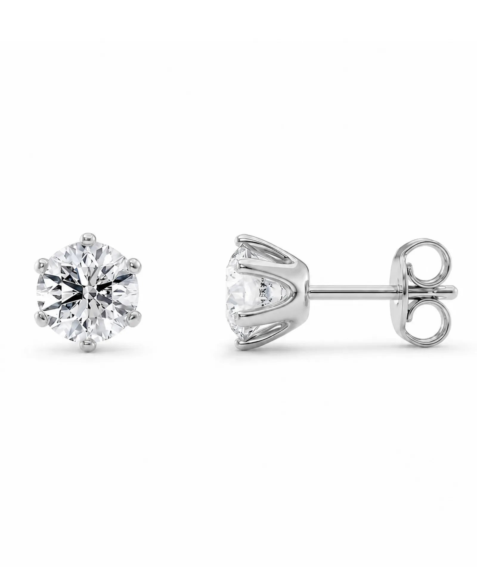 Store diamantøredobber i hvitt gull 2,00 ct – én sett forfra og én fra siden med seks klør.