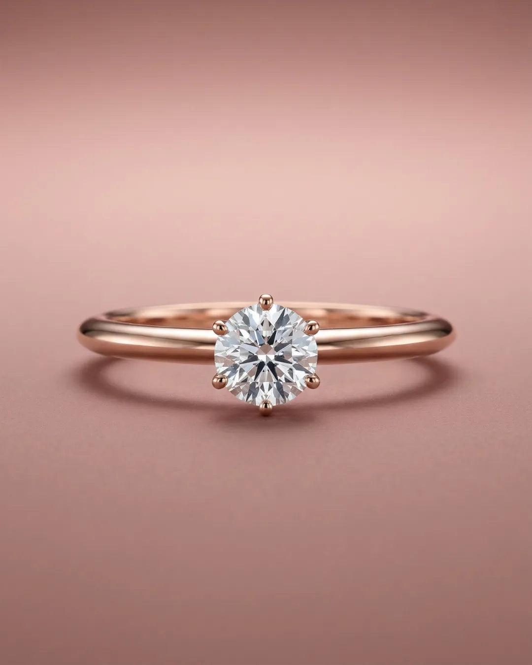 Forlovelsesring i rosegull med knife edge-skinne og rund brilliant lab-diamant på 0,50 carat fattet i seks klør, fotografert mot rosa bakgrunn.