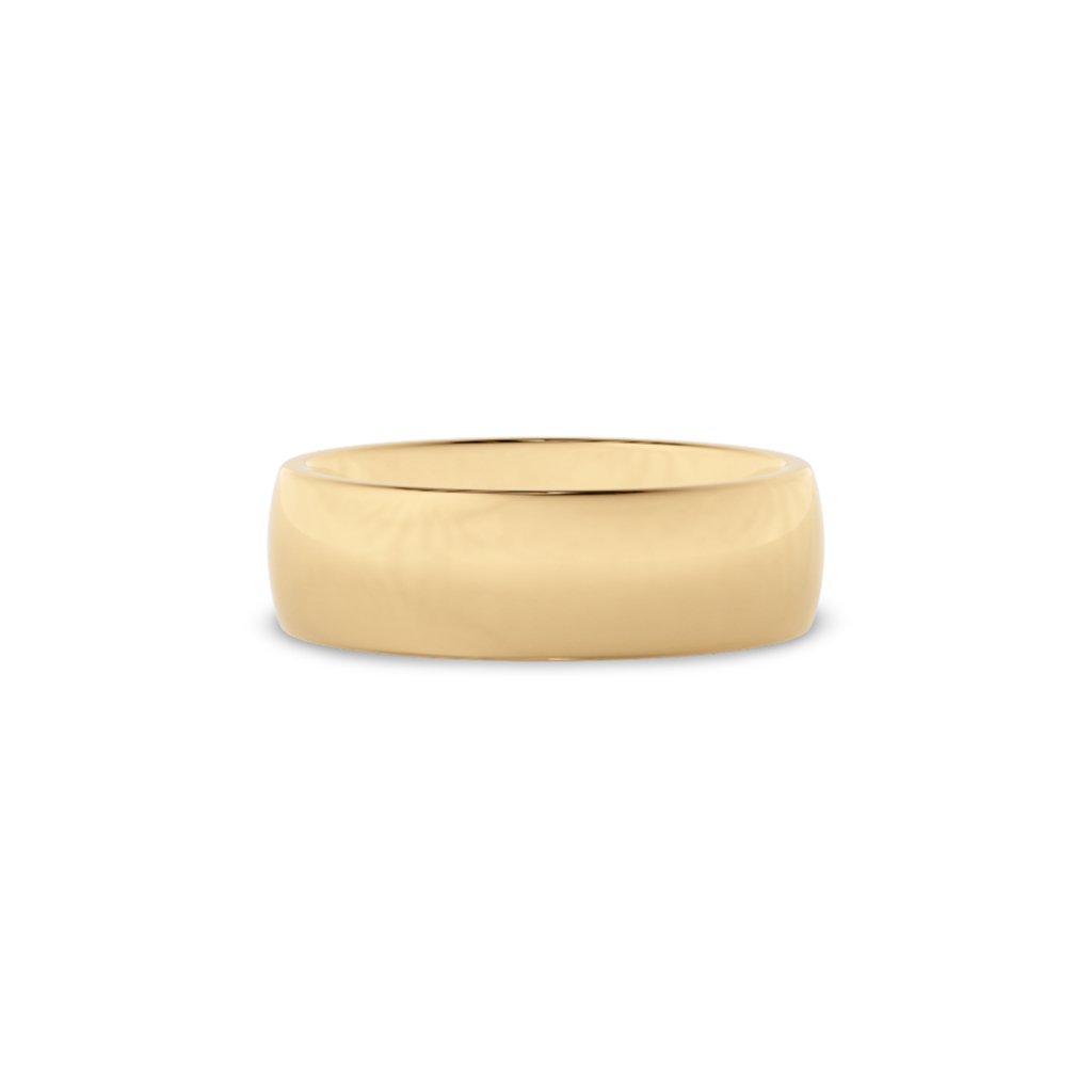 Giftering i gult gull 6 mm sett forfra – buet form og blankpolert overflate.