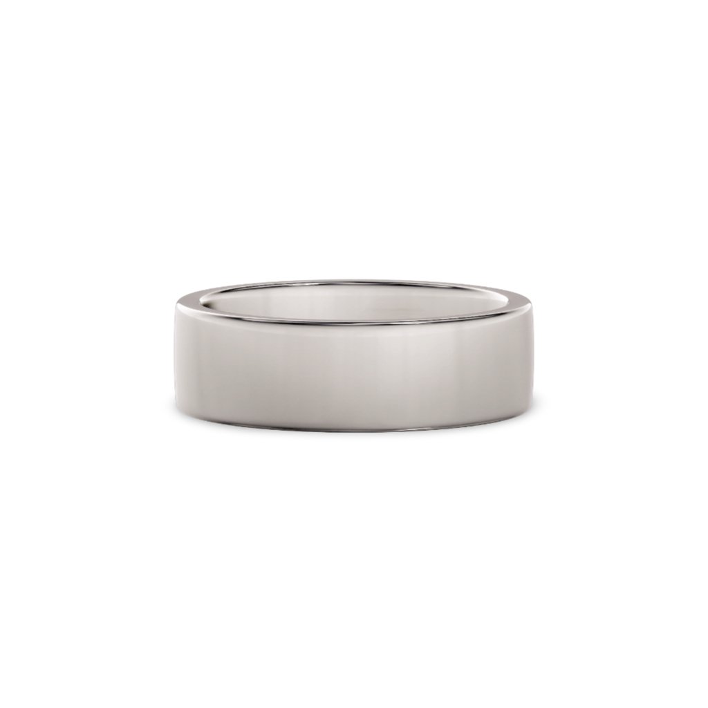 Giftering i hvitt gull 6 mm sett forfra – flat form og bred polert overflate